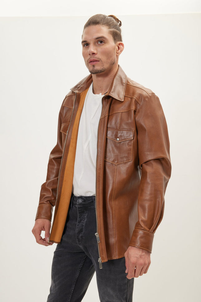 Men's Full-Zip Leather Shirt - Brown | Ron Tomson