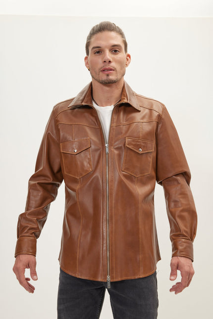 Men's Full-Zip Leather Shirt - Brown | Ron Tomson