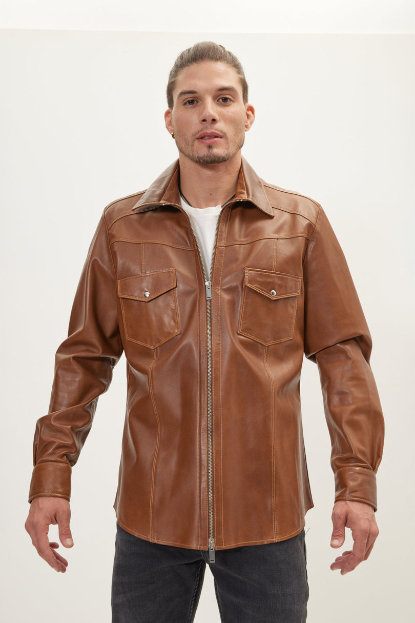 Men's Full-Zip Leather Shirt - Brown | Ron Tomson