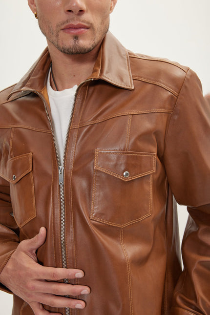 Men's Full-Zip Leather Shirt - Brown | Ron Tomson