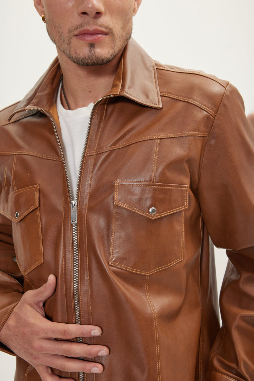 Men's Full-Zip Leather Shirt - Brown | Ron Tomson