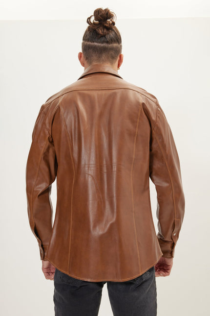 Men's Full-Zip Leather Shirt - Brown | Ron Tomson
