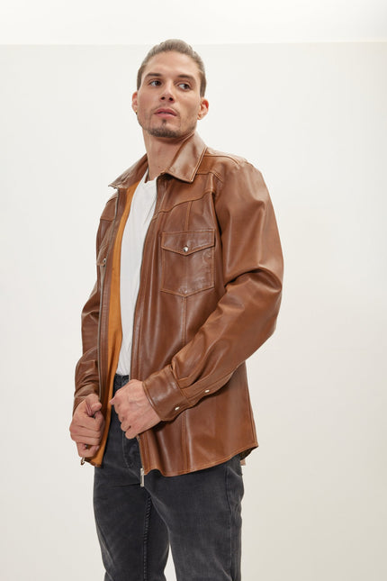 Men's Full-Zip Leather Shirt - Brown | Ron Tomson