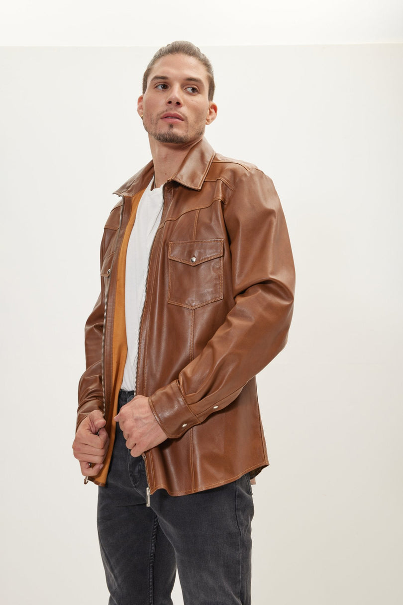 Men's Full-Zip Leather Shirt - Brown | Ron Tomson