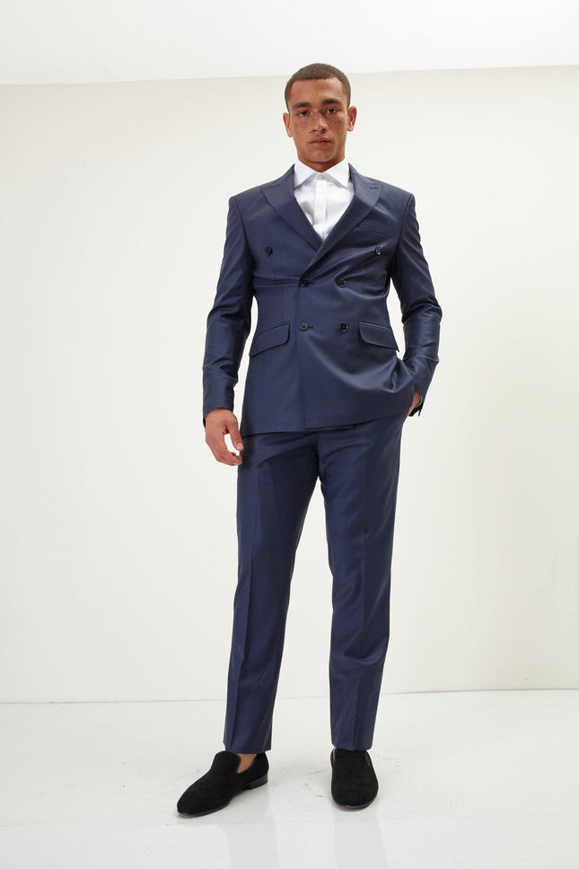 Men's Italian Super 120s Merino Wool Double-Breasted Suit - Dark Navy | Ron Tomson