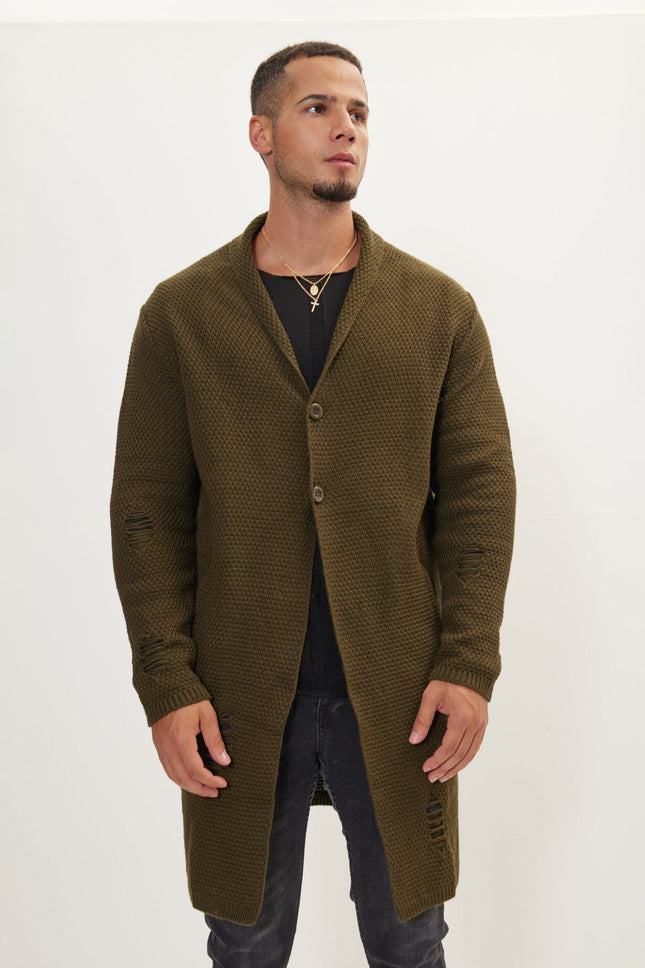 Men's Long Shawl Collar Cardigan - Khaki | Ron Tomson