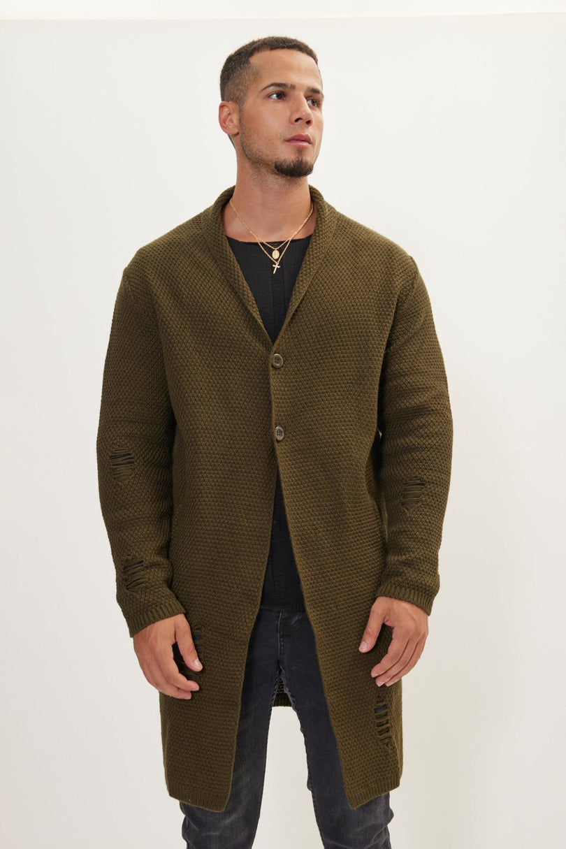 Men's Long Shawl Collar Cardigan - Khaki | Ron Tomson