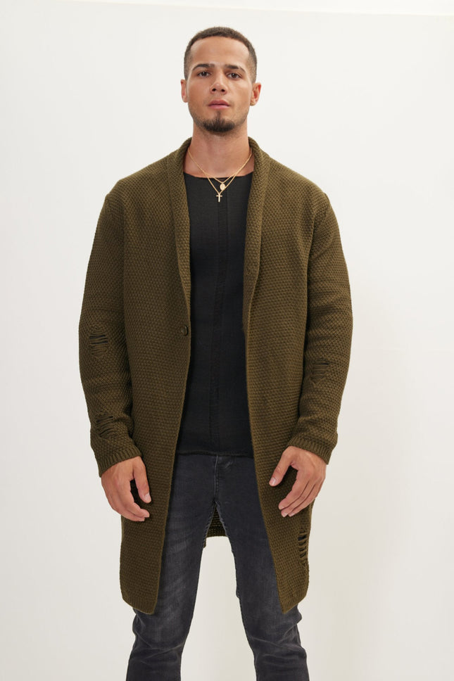Men's Long Shawl Collar Cardigan - Khaki | Ron Tomson