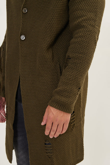 Men's Long Shawl Collar Cardigan - Khaki | Ron Tomson