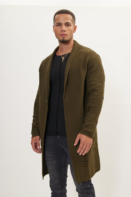 Men's Long Shawl Collar Cardigan - Khaki | Ron Tomson