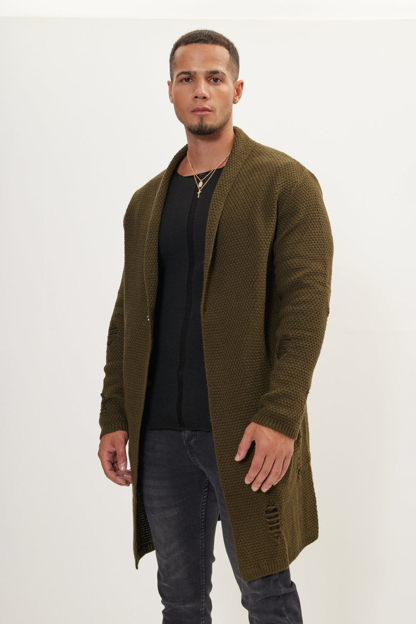 Men's Long Shawl Collar Cardigan - Khaki | Ron Tomson
