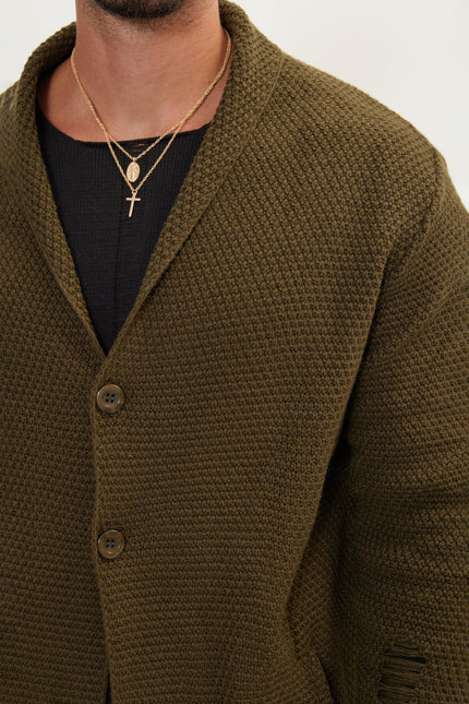 Men's Long Shawl Collar Cardigan - Khaki | Ron Tomson