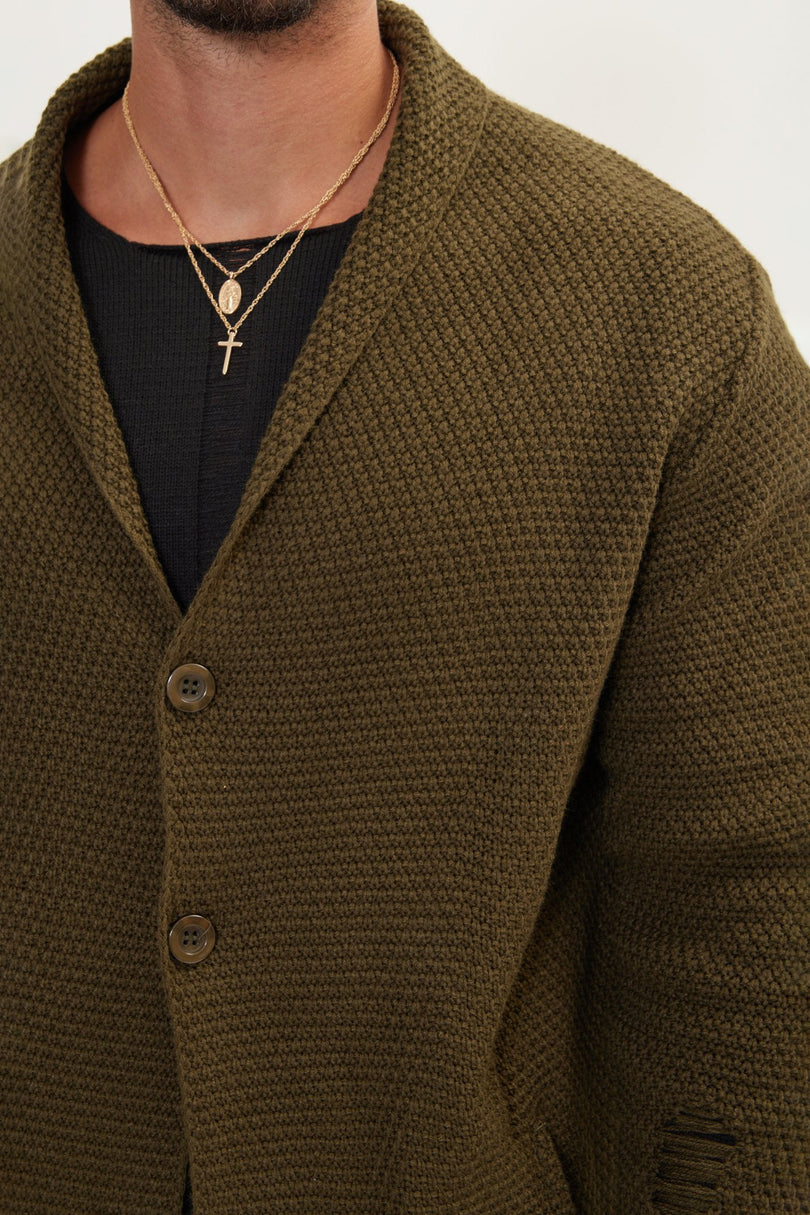 Men's Long Shawl Collar Cardigan - Khaki | Ron Tomson