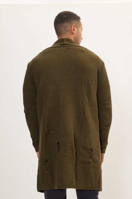 Men's Long Shawl Collar Cardigan - Khaki | Ron Tomson