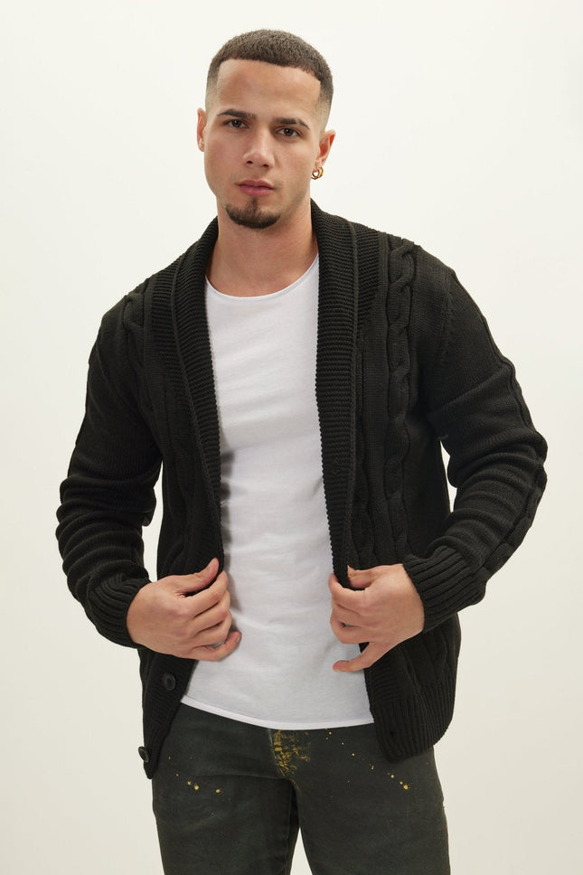 Men's Cable Knit Cardigan - Black | Ron Tomson