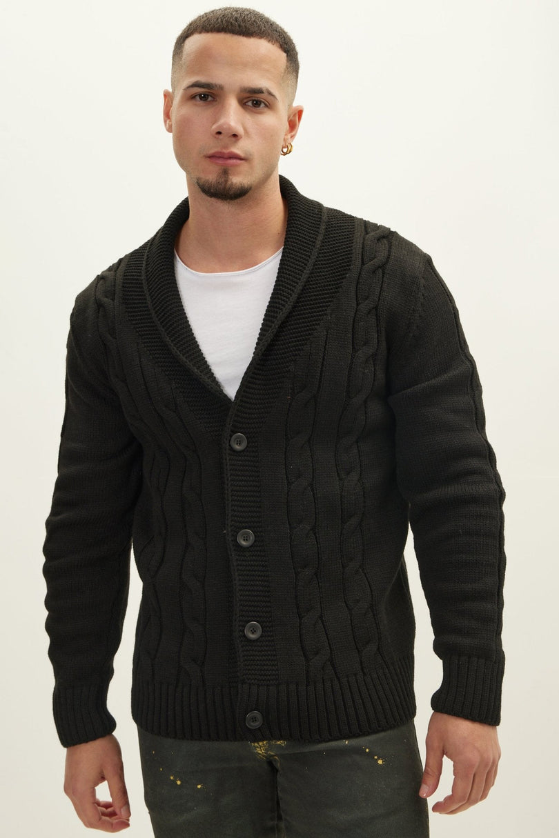 Men's Cable Knit Cardigan - Black | Ron Tomson