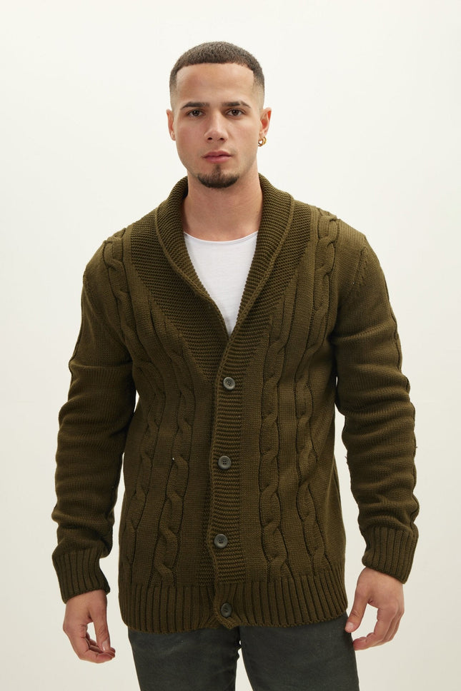 Men's Cable Knit Cardigan - Khaki | Ron Tomson