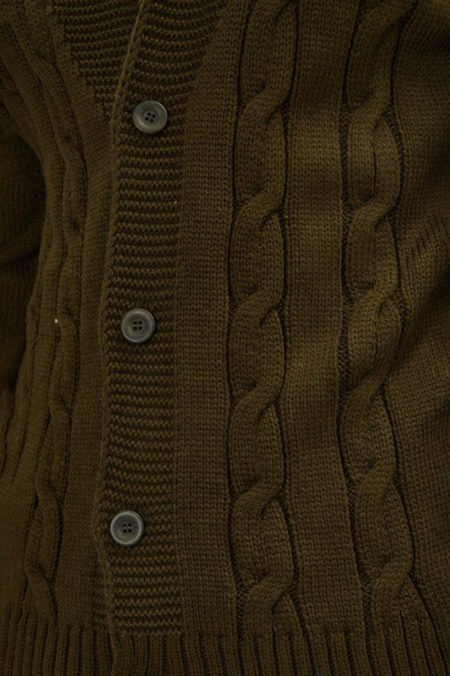 Men's Cable Knit Cardigan - Khaki | Ron Tomson