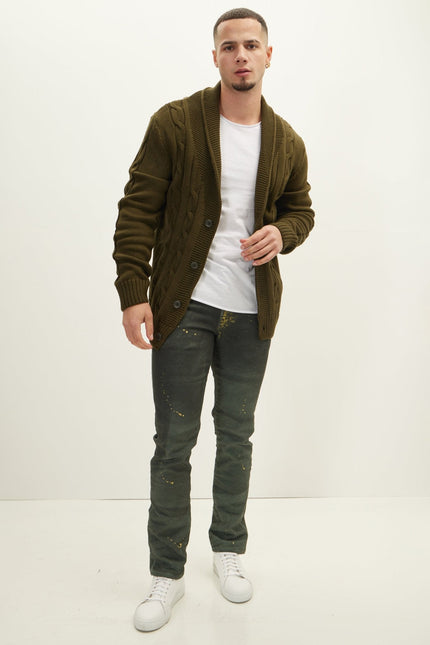 Men's Cable Knit Cardigan - Khaki | Ron Tomson