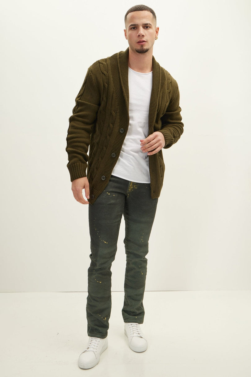 Men's Cable Knit Cardigan - Khaki | Ron Tomson