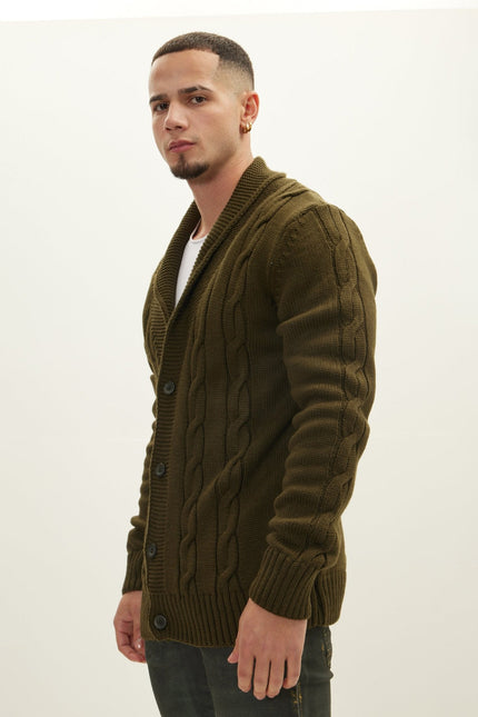 Men's Cable Knit Cardigan - Khaki | Ron Tomson