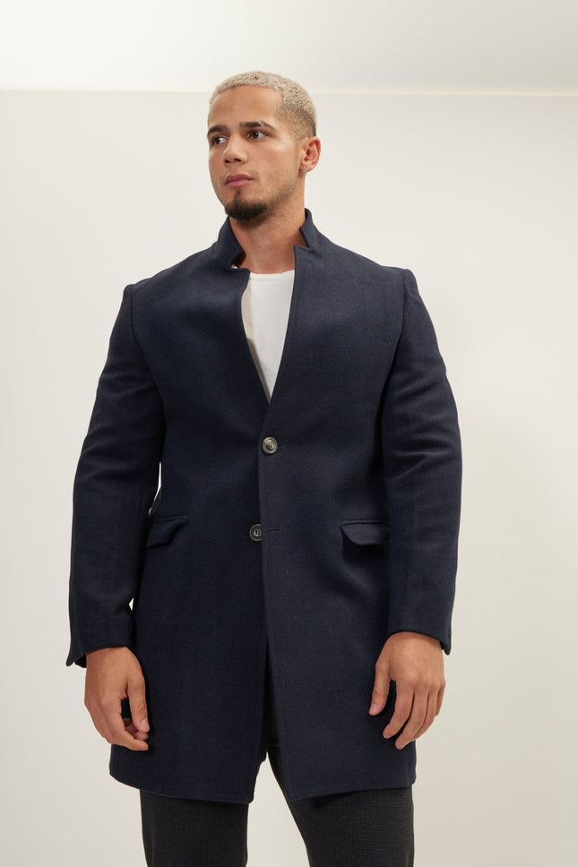 Men's Wool Blend Double-Breasted Overcoat - Navy | Ron Tomson