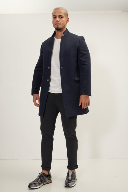 Men's Wool Blend Double-Breasted Overcoat - Navy | Ron Tomson