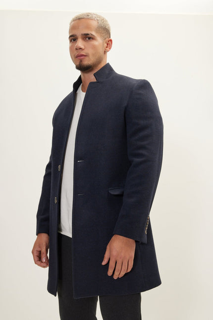 Men's Wool Blend Double-Breasted Overcoat - Navy | Ron Tomson
