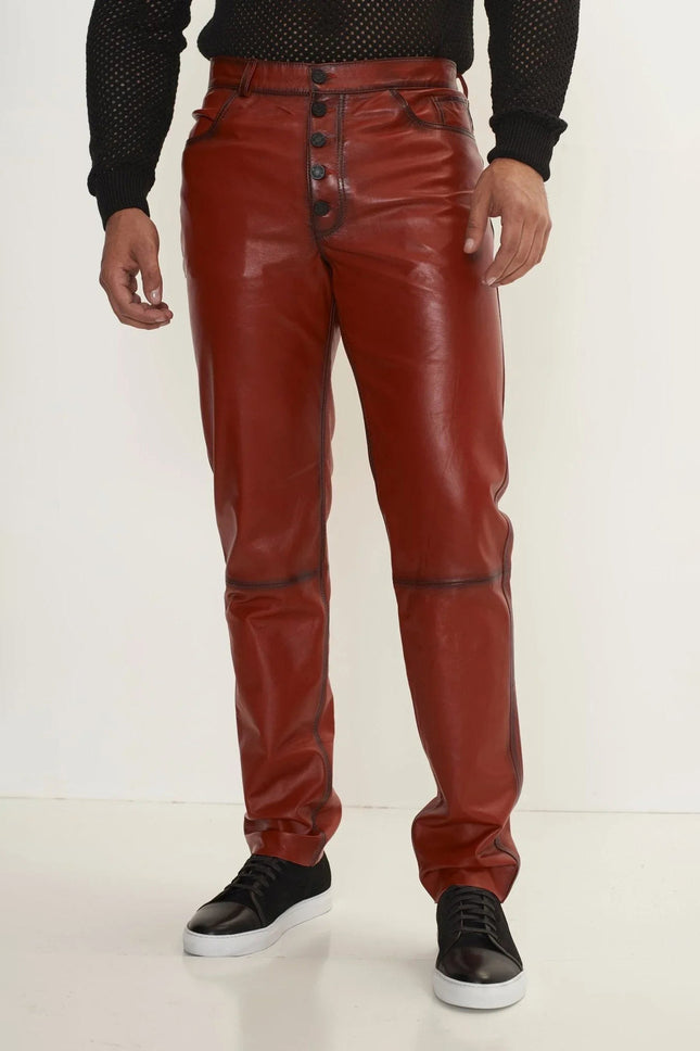 Men's Lambskin Leather Pants - Red | Ron Tomson