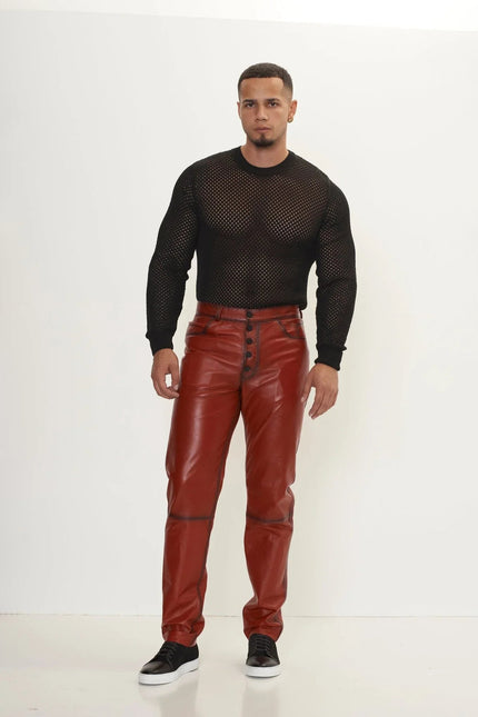 Men's Lambskin Leather Pants - Red | Ron Tomson
