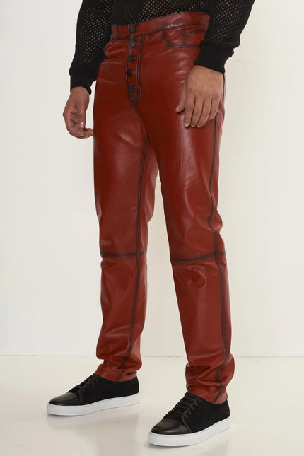 Men's Lambskin Leather Pants - Red | Ron Tomson