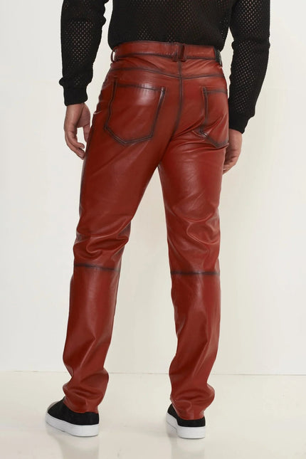 Men's Lambskin Leather Pants - Red | Ron Tomson