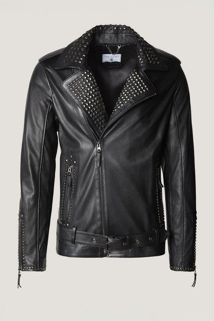 Men's Studded Lambskin Leather Motorcycle Jacket - Black | Ron Tomson