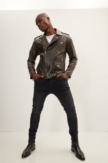 Men's The Textbook Biker Leather Jacket - Brown | Ron Tomson