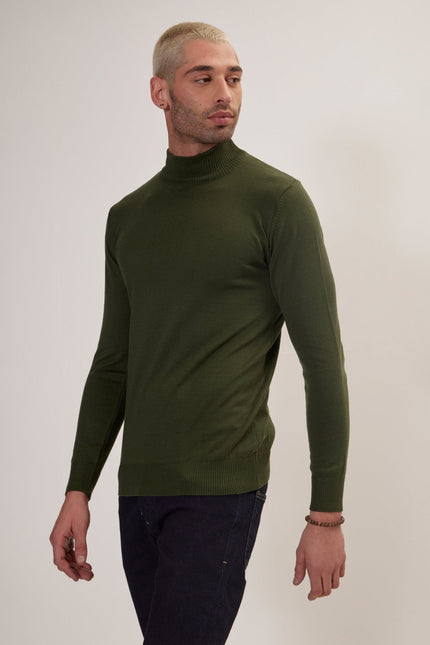 Men's Relaxed Mock-Neck Cotton Sweater - Khaki | Ron Tomson