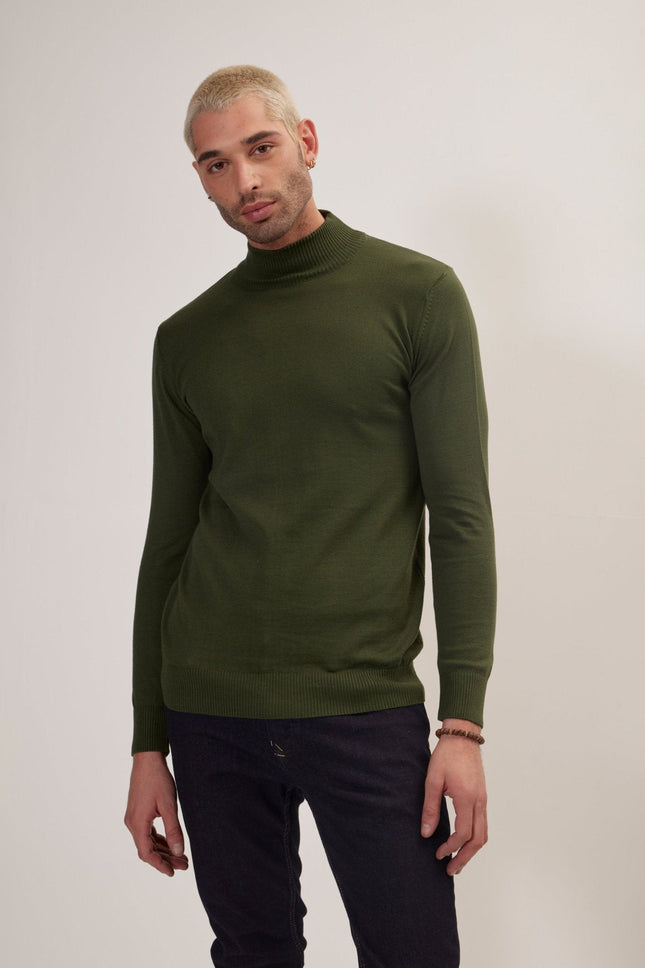 Men's Relaxed Mock-Neck Cotton Sweater - Khaki | Ron Tomson