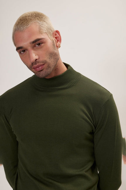 Men's Relaxed Mock-Neck Cotton Sweater - Khaki | Ron Tomson