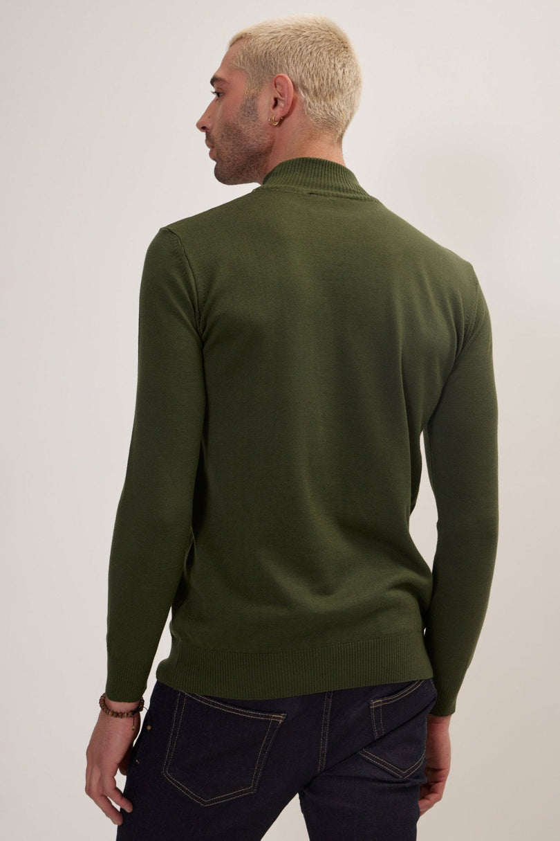 Men's Relaxed Mock-Neck Cotton Sweater - Khaki | Ron Tomson