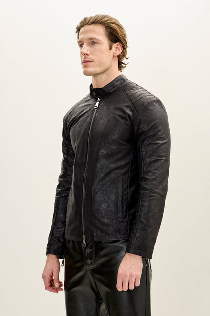 Men's Vegan Leather Motorcycle Jacket - Black | Ron Tomson
