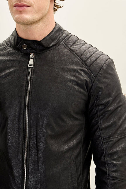 Men's Vegan Leather Motorcycle Jacket - Black | Ron Tomson