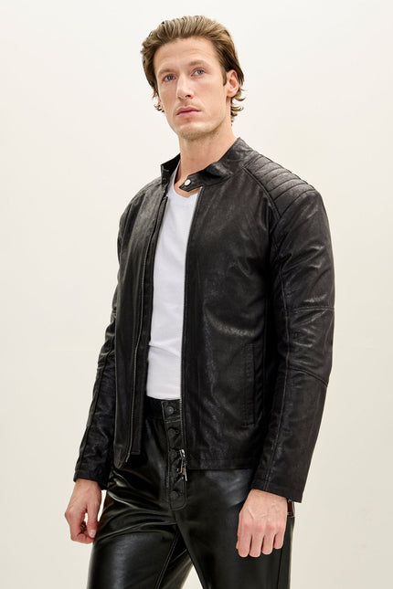 Men's Vegan Leather Motorcycle Jacket - Black | Ron Tomson