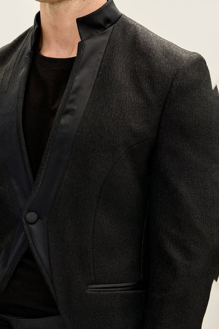 Men's Streaked Satin Mandarin Collar Tuxedo -  Black | Ron Tomson