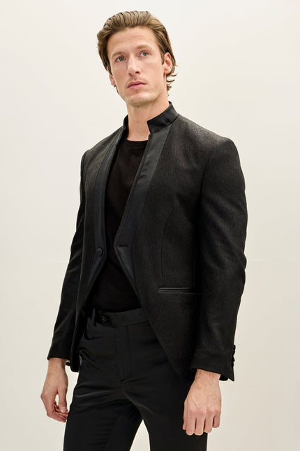 Men's Streaked Satin Mandarin Collar Tuxedo -  Black | Ron Tomson