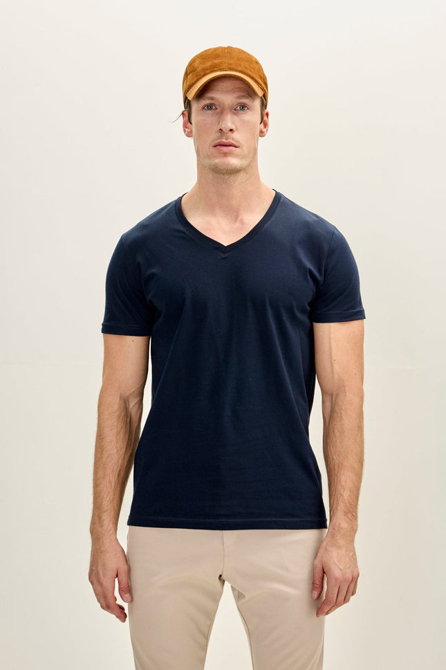 Men's Cotton V-Neck Tee - Navy | Ron Tomson