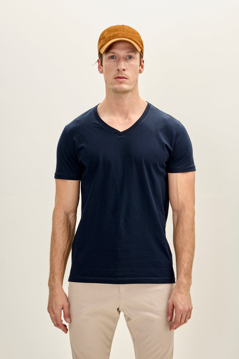Men's Cotton V-Neck Tee - Navy | Ron Tomson