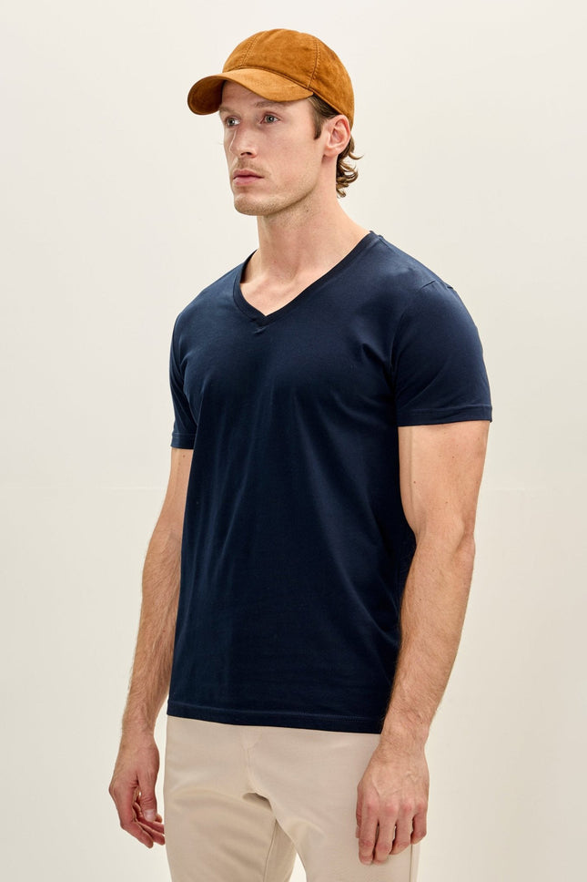 Men's Cotton V-Neck Tee - Navy | Ron Tomson