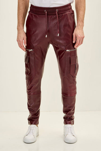 Men's Lambskin Leather Joggers - Burgundy | Ron Tomson