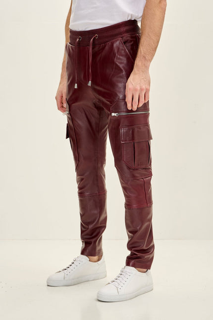 Men's Lambskin Leather Joggers - Burgundy | Ron Tomson