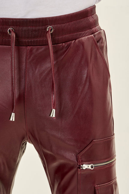 Men's Lambskin Leather Joggers - Burgundy | Ron Tomson