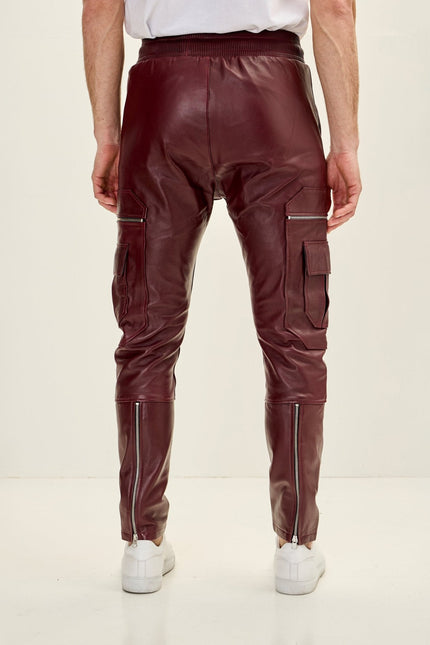 Men's Lambskin Leather Joggers - Burgundy | Ron Tomson